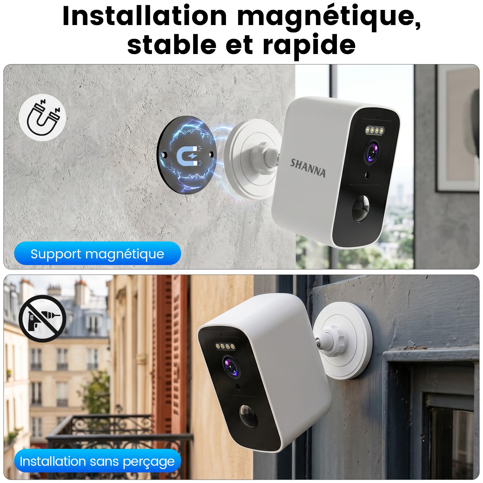 Caméra de Surveillance sans Fil Extérieur-Stockage Cloud Gratuit,Support Magnétique Caméra de Surveillance Extérieur 5GHz&2,4GHz WiFi,Détection Personnes/Mouvements,Vision nocturne couleur par IA,IP66