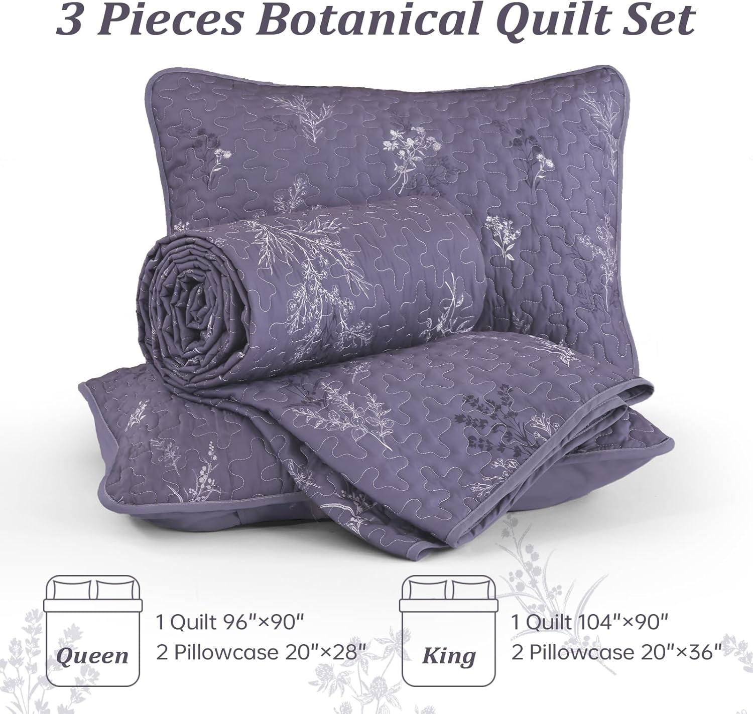 Drucon Purple Queen Size Quilt Set Branch Bedspread Coverlet Set, Purple Botanical Floral Pattern Quilted Bedding Set 3 Piece Soft Lightweight Microfiber Bed Cover for All Season (96''x90'') - Image 6