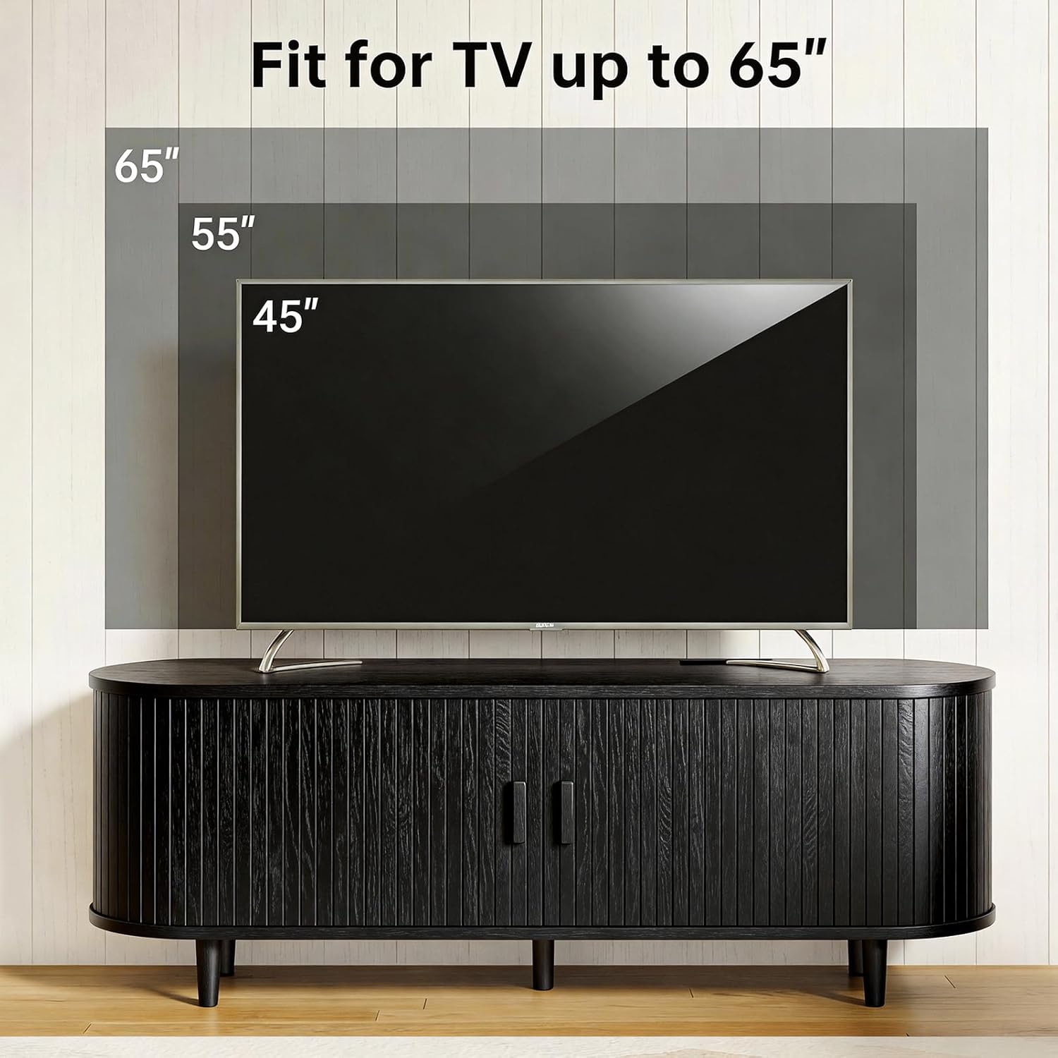 MXV 58" Mid-Century Modern TV Stand with Sliding Doors, TV Consoles with Power Outlet, Fluted Entertainment Center with Adjustable Shelves, for Living Room