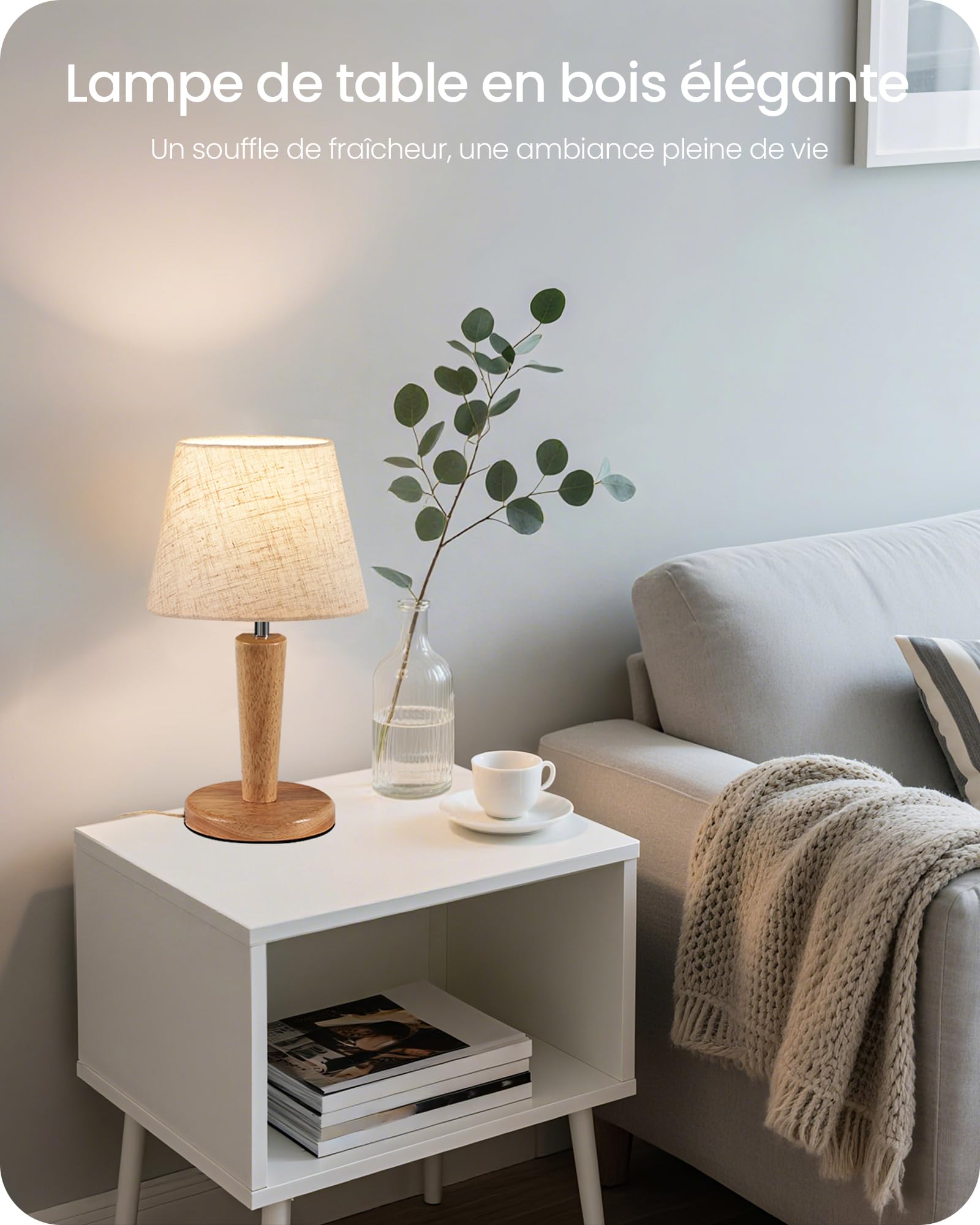 Lampe de Chevet en Bois Lot de 2, Abat-jour en Tissu Lin Beige, 3 Températures de Couleur, avec Fonction Mémoire, Ampoules LED E27 Incluses, pour Chambre, Salon, Bureau