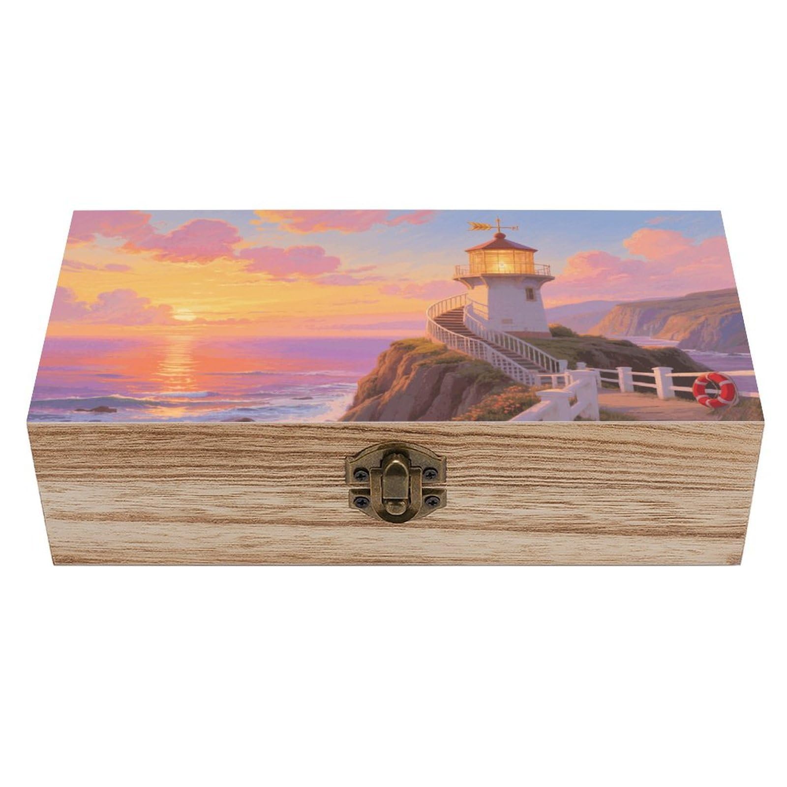 VstaDank Sunset Lighthouse Wooden Box Sturdy Vintage Storage Box with Hinged Lid Exquisite Wood Keepsake Boxes Large Jewelry Case Cute Trinket Holder Unique Gift for Men & Women