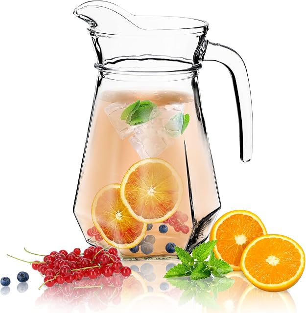 KADAX Glass Jug, Durable Glass Jug, Water Jug with Spout and Handy Handle, Transparent Glass Carafe for Cold Drinks, Juice, Iced Tea, Water Pitcher (Paul, 1.2 L)