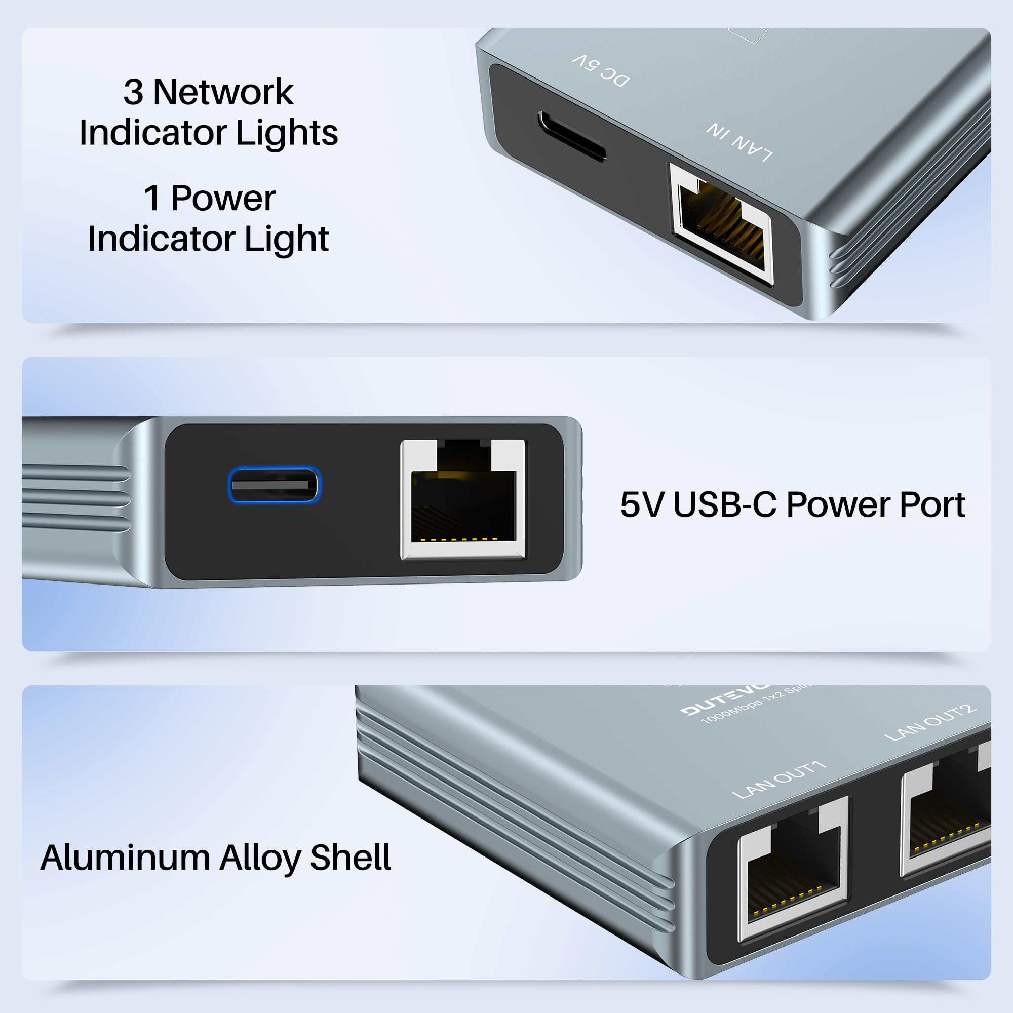 LAN 分配器 1対2、高速 1000Mbps ネットワーク 分配器 1入力2出力、ギガビット LANハブ、スイッチングハブ、LANケーブル 分岐 2台同時使用、1mの電源ケーブル付き、PC、ルーター、Cat8/7/6/5 ケーブルに対応し - 3