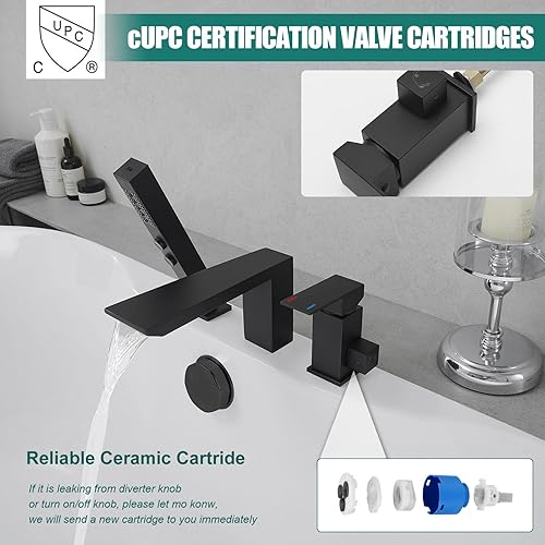 Miniatura 3 de Hoimpro Juego de grifo de bañera negro mate, grifo de bañera de latón con boquilla romana de cascada de latón con válvula, 3 agujeros de llenado de