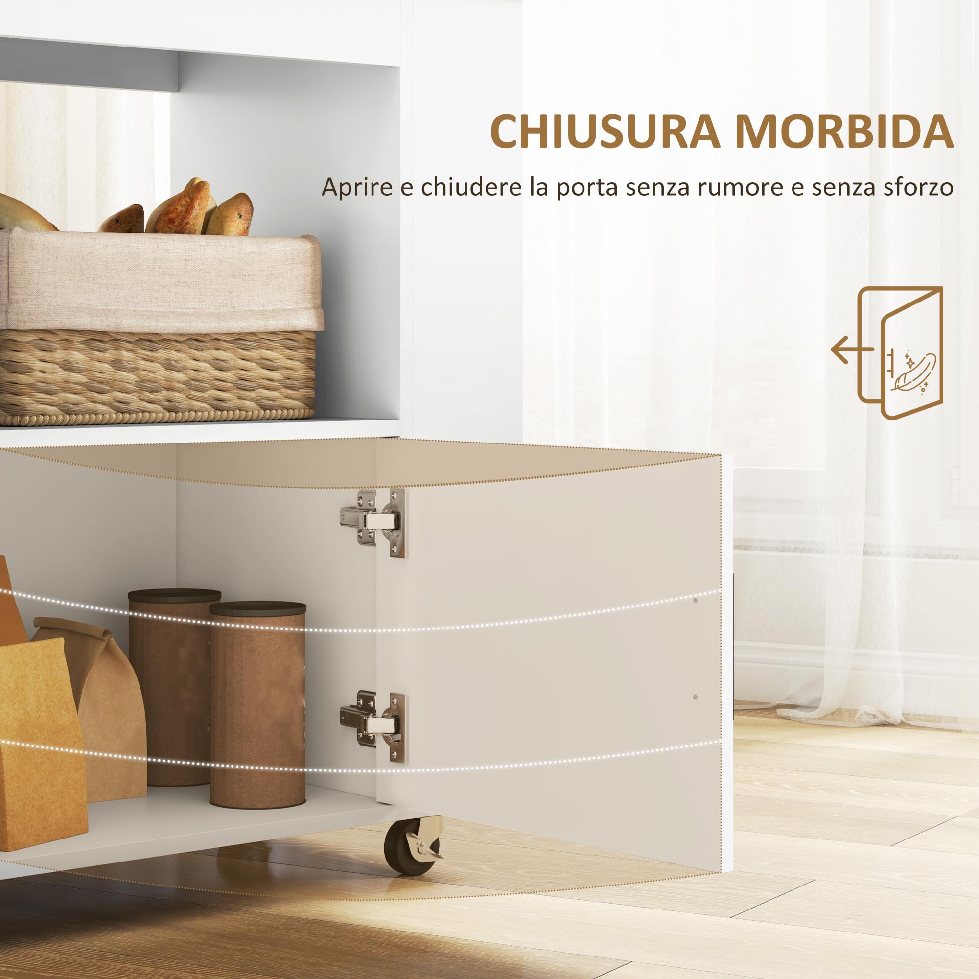HOMCOM Carrello da Cucina con 6 Portabottiglie, 3 Ripiani Laterali e Armadietto con Cerniere Ammortizzate, Mobiletto Cucina con Portasciugamani e Piano in Legno di caucciù, 83x40x83cm, Rovere