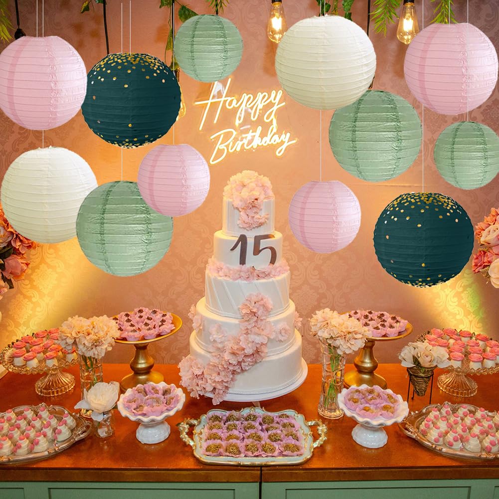 Papierlaternen Rosa Grün 12 Stück Lampions Salbeigrün Rosa Hängende Runde Papierlaternen für Salbeigrün Rosa Babyparty Geburtstag Hochzeit Brautparty Deko