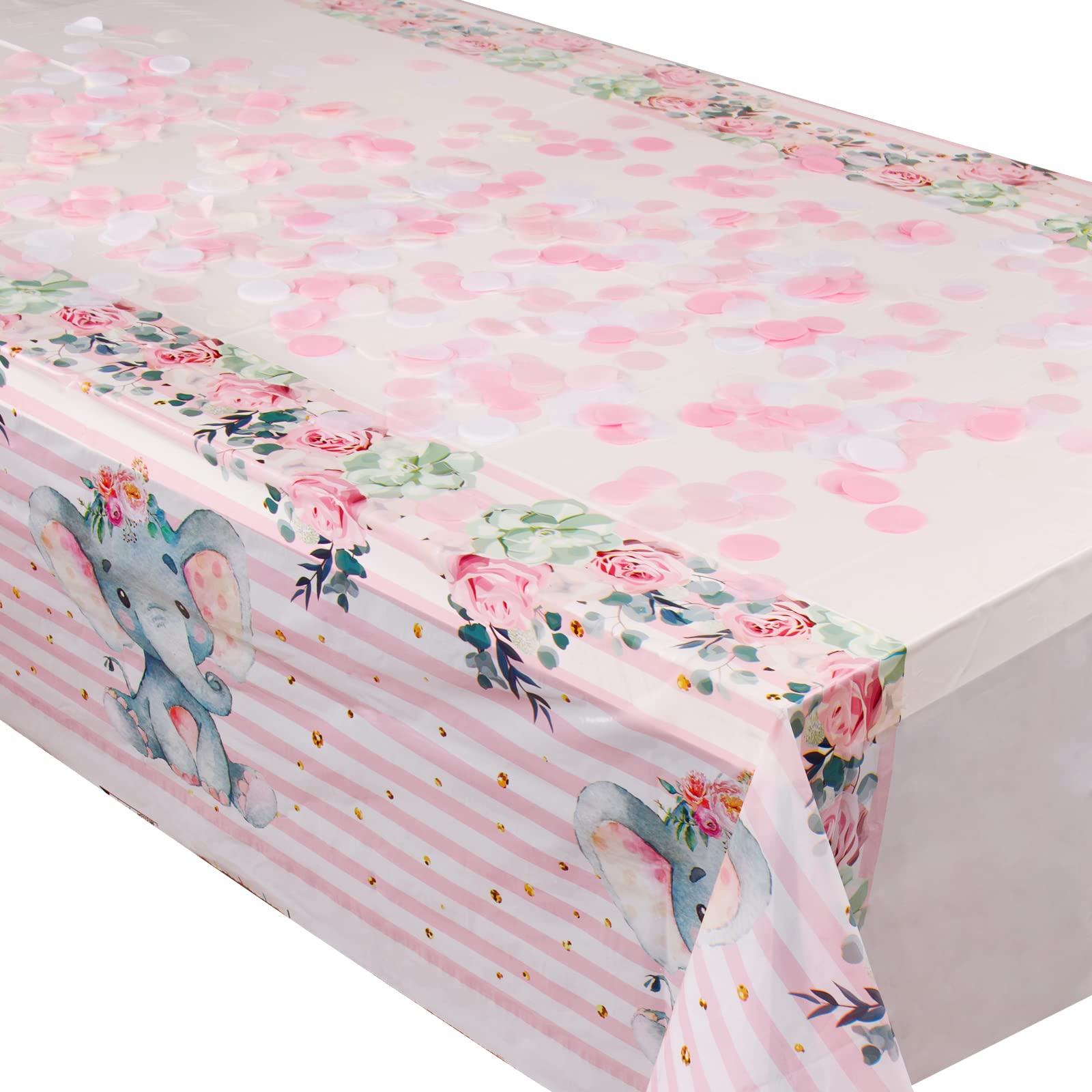 COLOFALLA 2pcs Baby Shower Tablecloths Table Decorations for Girl Pink Elephant 1st 2nd Birthday Table Covers Plastic Animal Design 43"x70" Gender Reveal Holy Communion Baptism