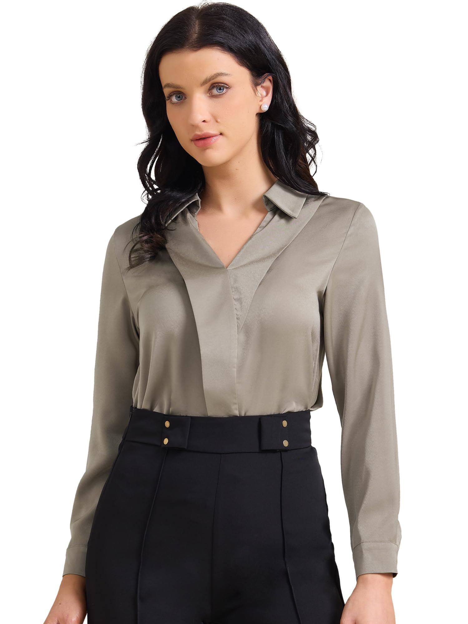 Allegra K Womens Satin Work Blouse Collar V Neck Long Sleeve Office Dressy Shirt