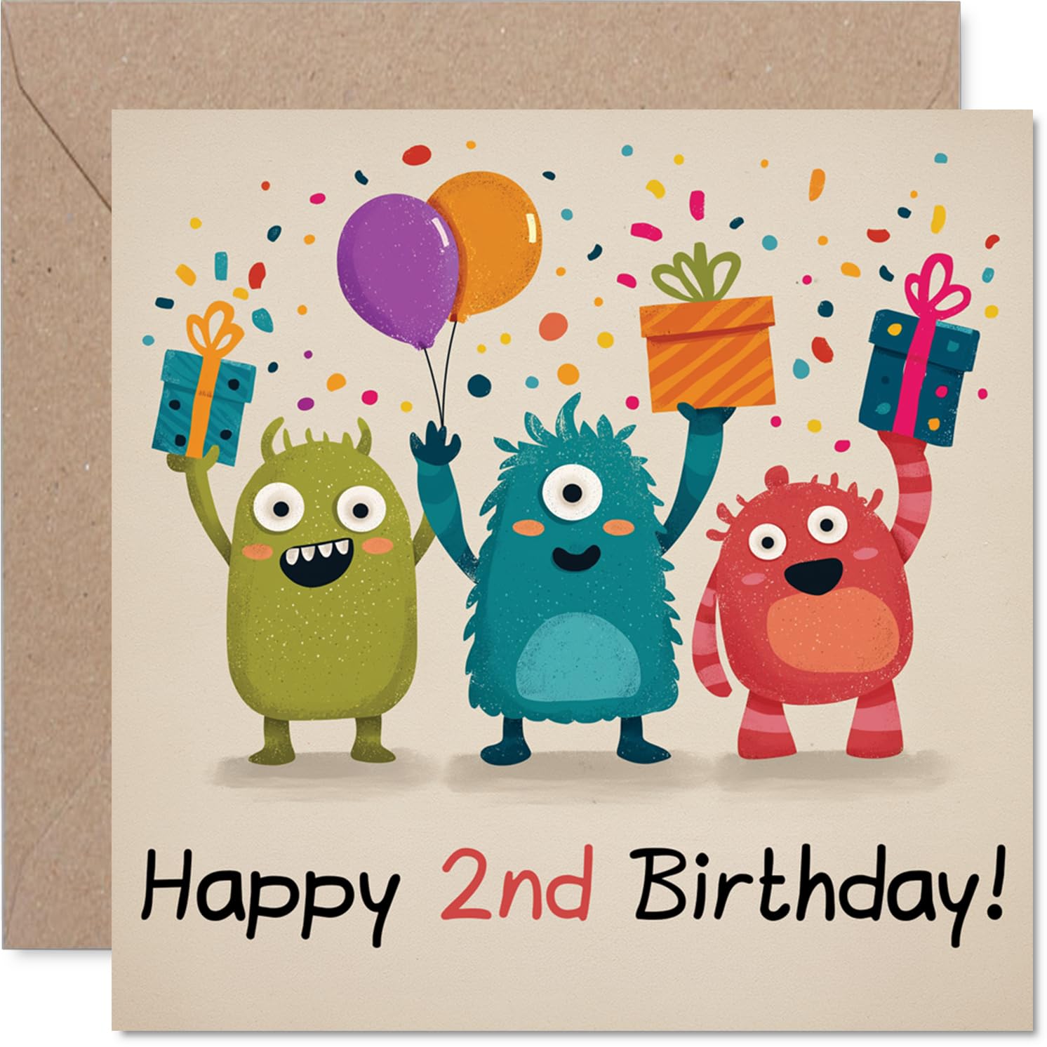 Playful 2nd Birthday Card - Monster Mayhem and Birthday Cheer - Colourful Creatures with Balloons and Gifts - 145mm Square, Envelope Included