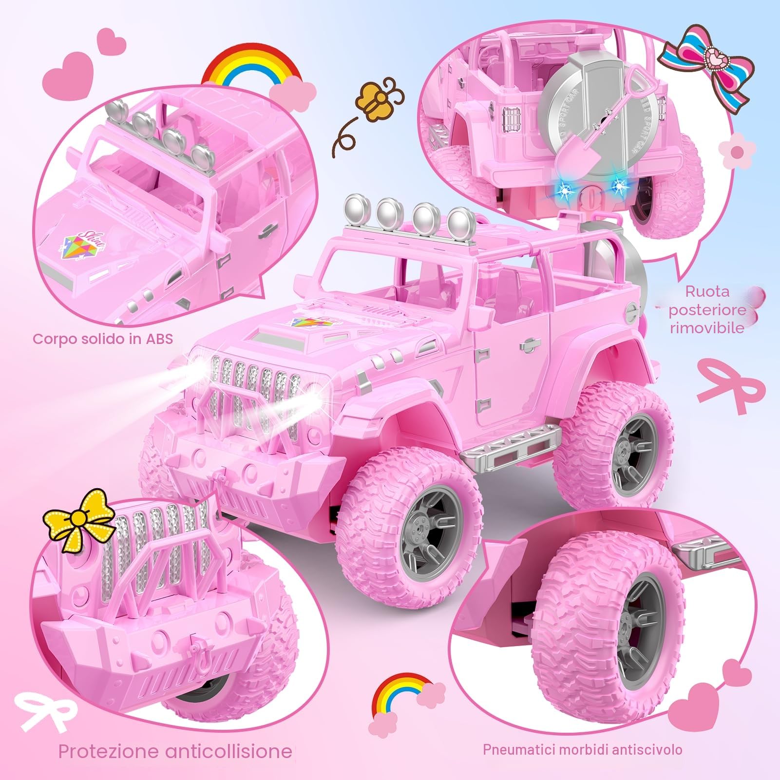 HappyGoLucky Macchina Telecomandata per Bambini con Bambola, Giochi Bmbina 3-10 Anni, Regalo Bambina, Auto Telecomandato 4x4 Jeep SUV Truck