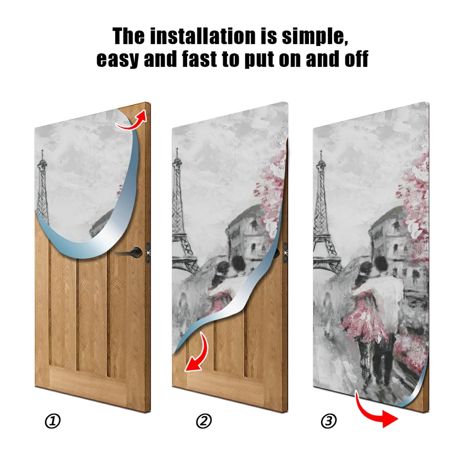 Couple in Grey Paris Street Pink Cherry Blossom Flowers Eiffel Tower Door Cover, Washable Fabric Durable Door Decoration Silk Microfiber for Front Door Porch Home Indoor Outdoor Party 35x79 inches