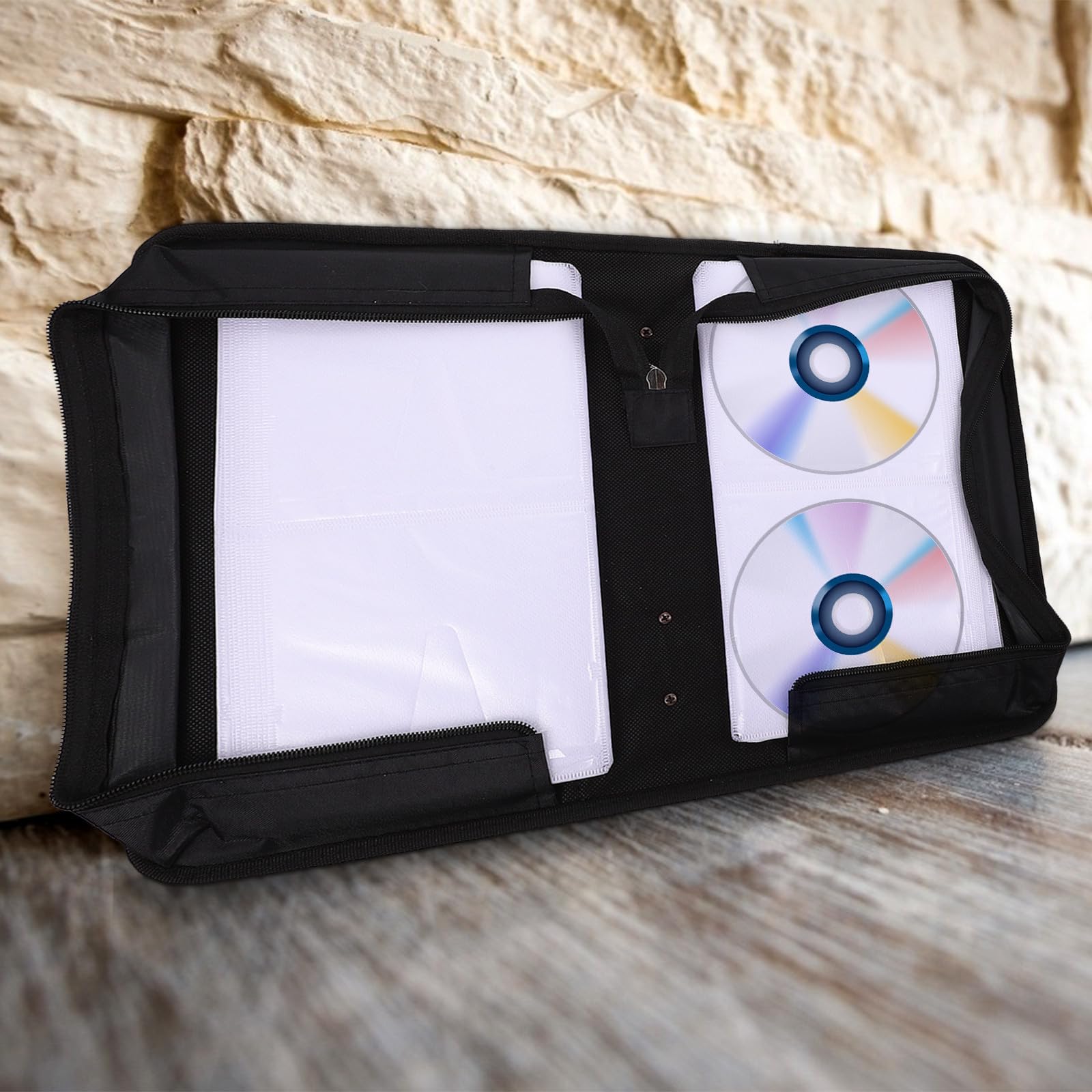 IMIKEYA Custodia per CD da 128 unità, borsa organizer portatile in similpelle nera, chiusura lampo, per viaggi, auto e archiviazione domestica