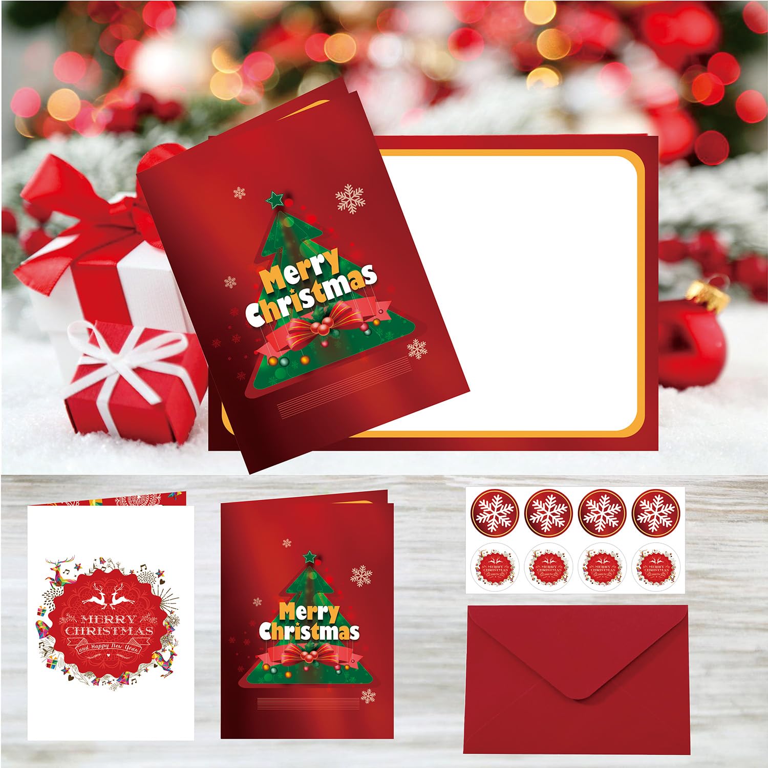 Tarjeta de agradecimiento de Navidad, tarjetas de Navidad de 4 x 6 pulgadas, 8 tarjetas de Navidad con sobre y calcomanía, tarjetas de deseos de Navidad, tarjetas de felicitación de Navidad
