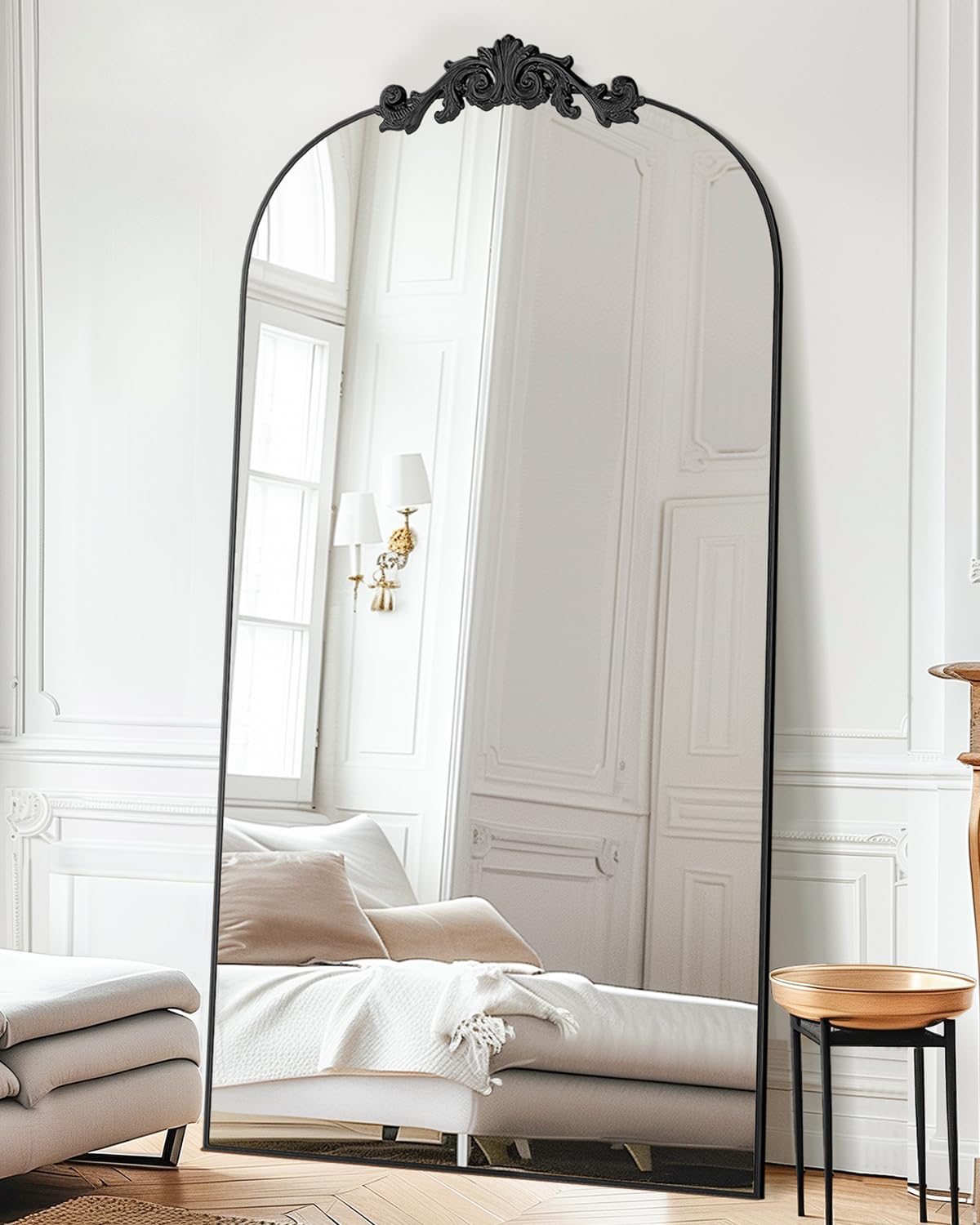 Condition photo showing New/Like New for vintage full length mirror,81"x41" arched antique floor mirror with carved metal frame,large standing wall mounted or leaning mirror for bedroom living room entryway,black
