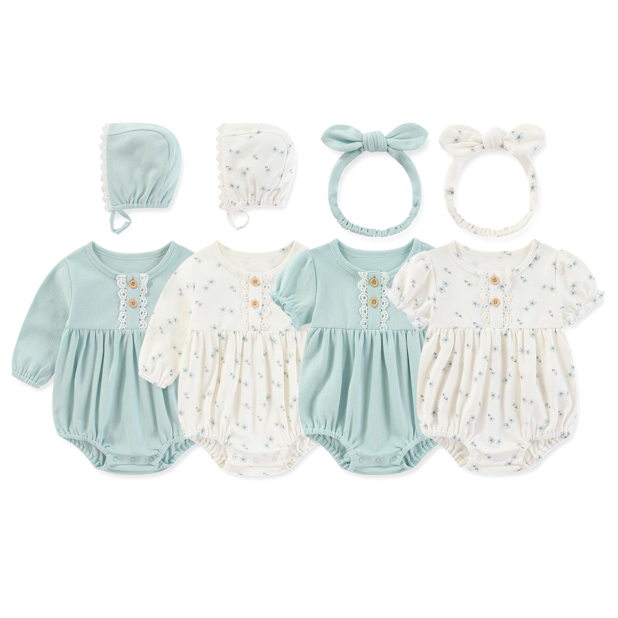 MAMIMAKA Newborn Baby Girl Clothes Cotton Bubble Rompers Infant Outfit Floral Long Short Bodysuit, 4 Pack