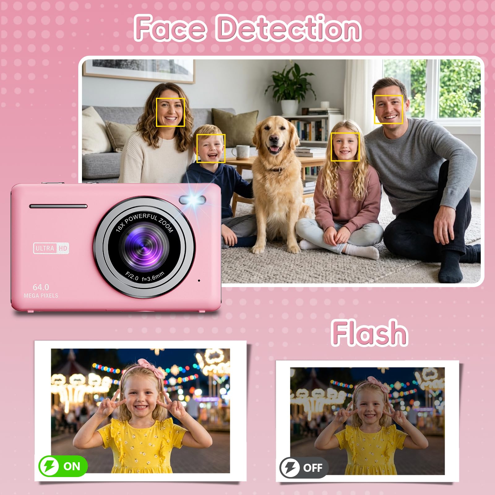 Macchina Fotografica Digitale 64MP 4K Fotocamera Digitale con Zoom Digitale 16X Ricaricabile Macchina Digitale Compatta con Scheda da 32GB per Bambini Studenti Principianti (Rosa)