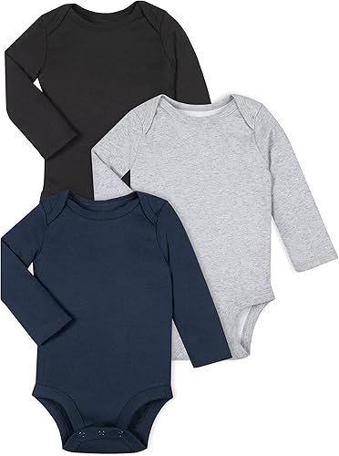 Baby-boys - Body de manga larga de algodón orgánico puro, paquete de 3, NegroAzulGris