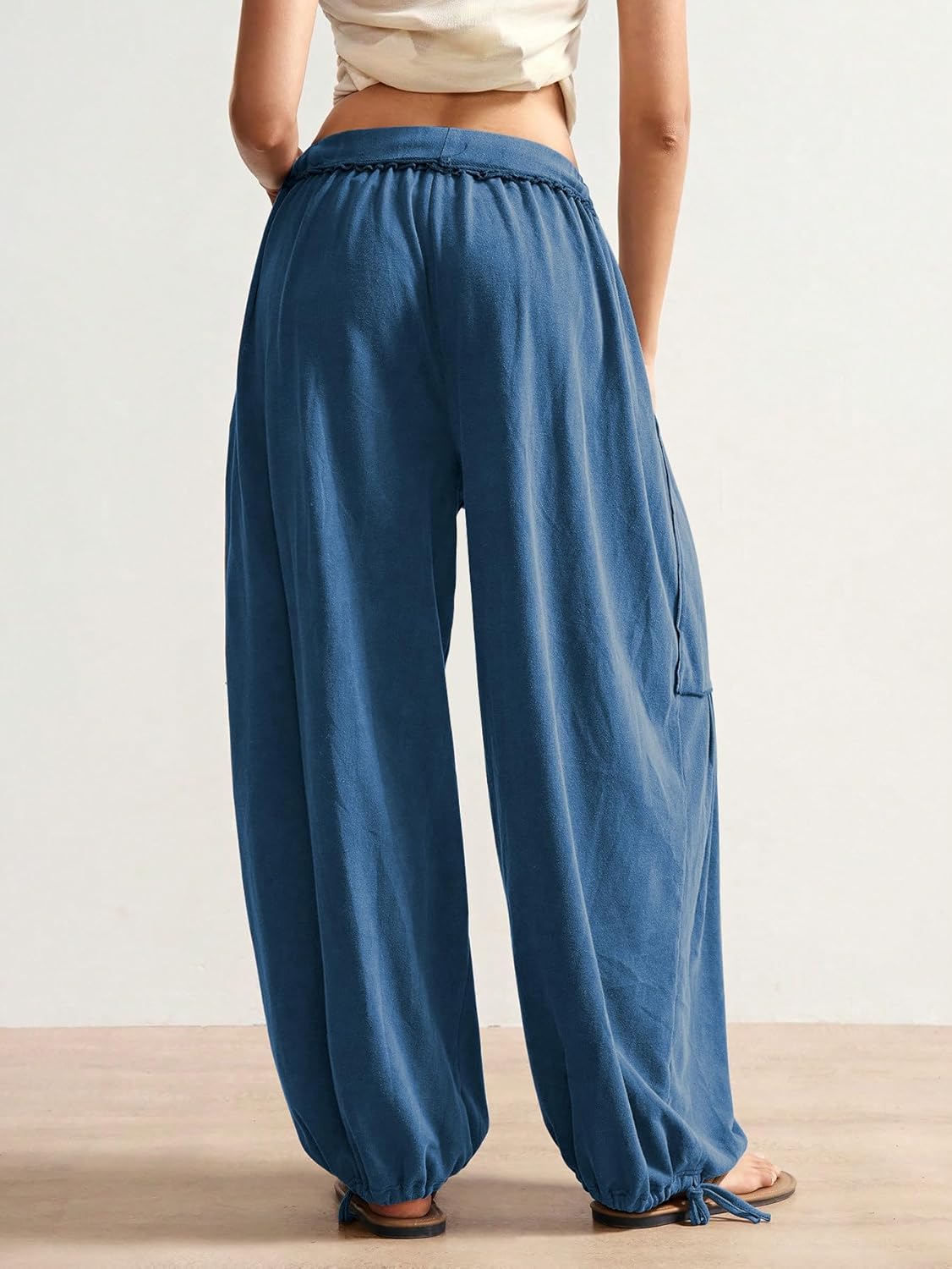 ZAFUL Boho Casual Pants for Women Baggy Pant Ruched Flowy Bottom Elastic Drawstring Waist Trouser with Pockets - Image 7