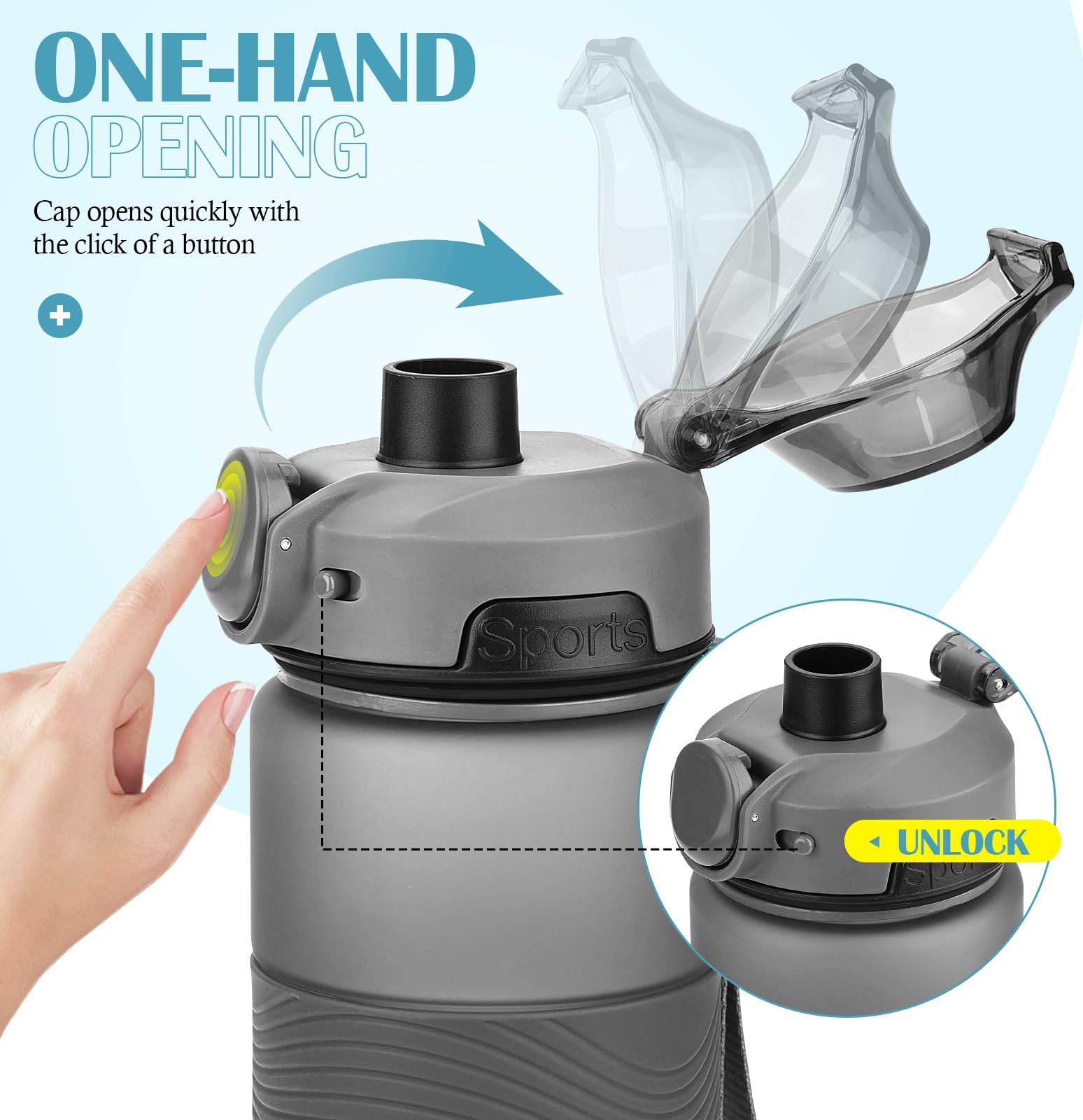 CodiCile Botella Agua, Botella de Agua Deportiva sin BPA, Botella Gimnasio a prueba de fugas, Botella agua 1 litro ideal para gym, escuela, oficina y viajes (Gris oscuro)