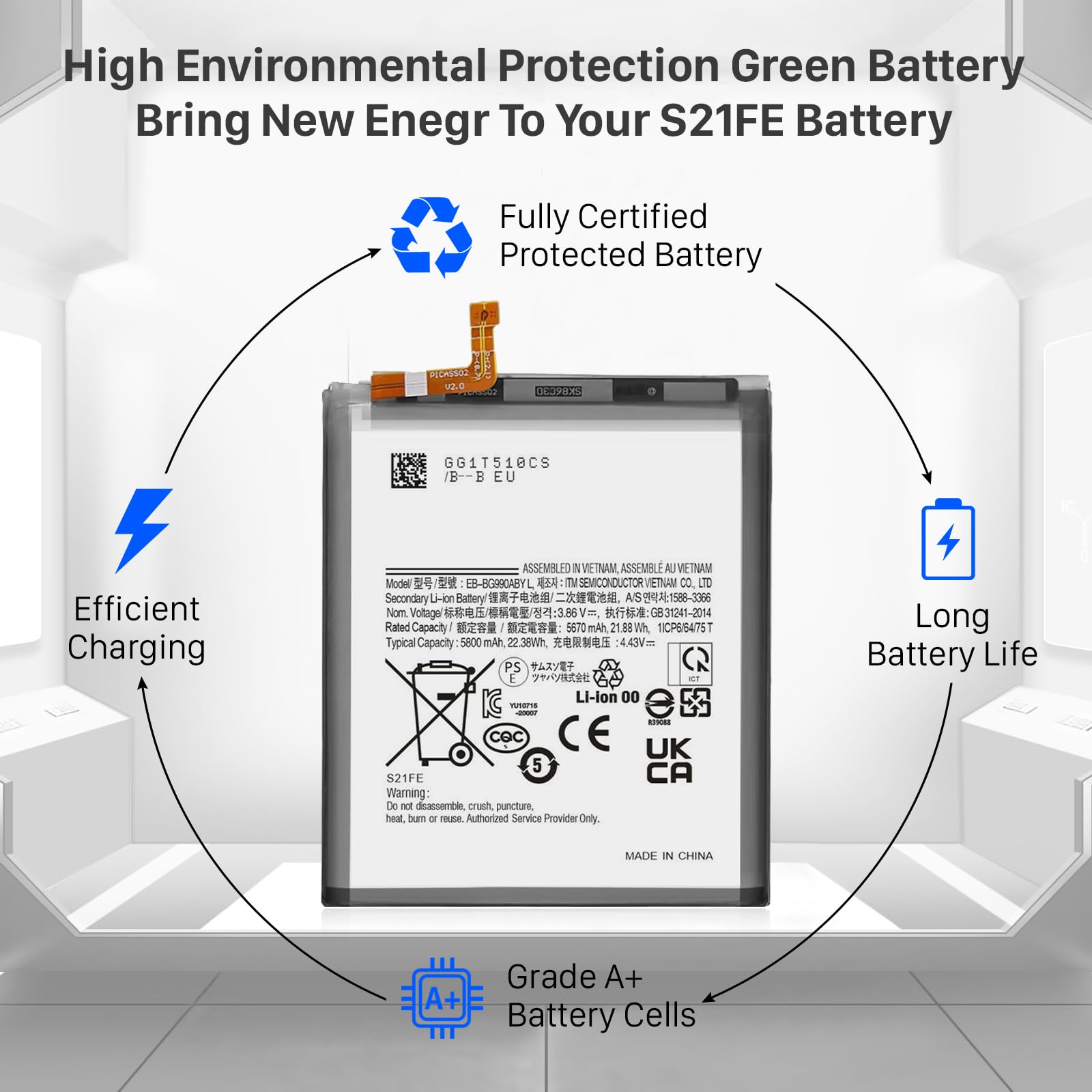 Galaxy S21 FE EB-BS912ABY Batterie de rechange, 5800 mAh, pour Galaxy S21 FE 5G SM-G990B, SM-G990B/DS, SM-G990U1, SM-G990U, SM-G990W avec kit d'outils de réparation