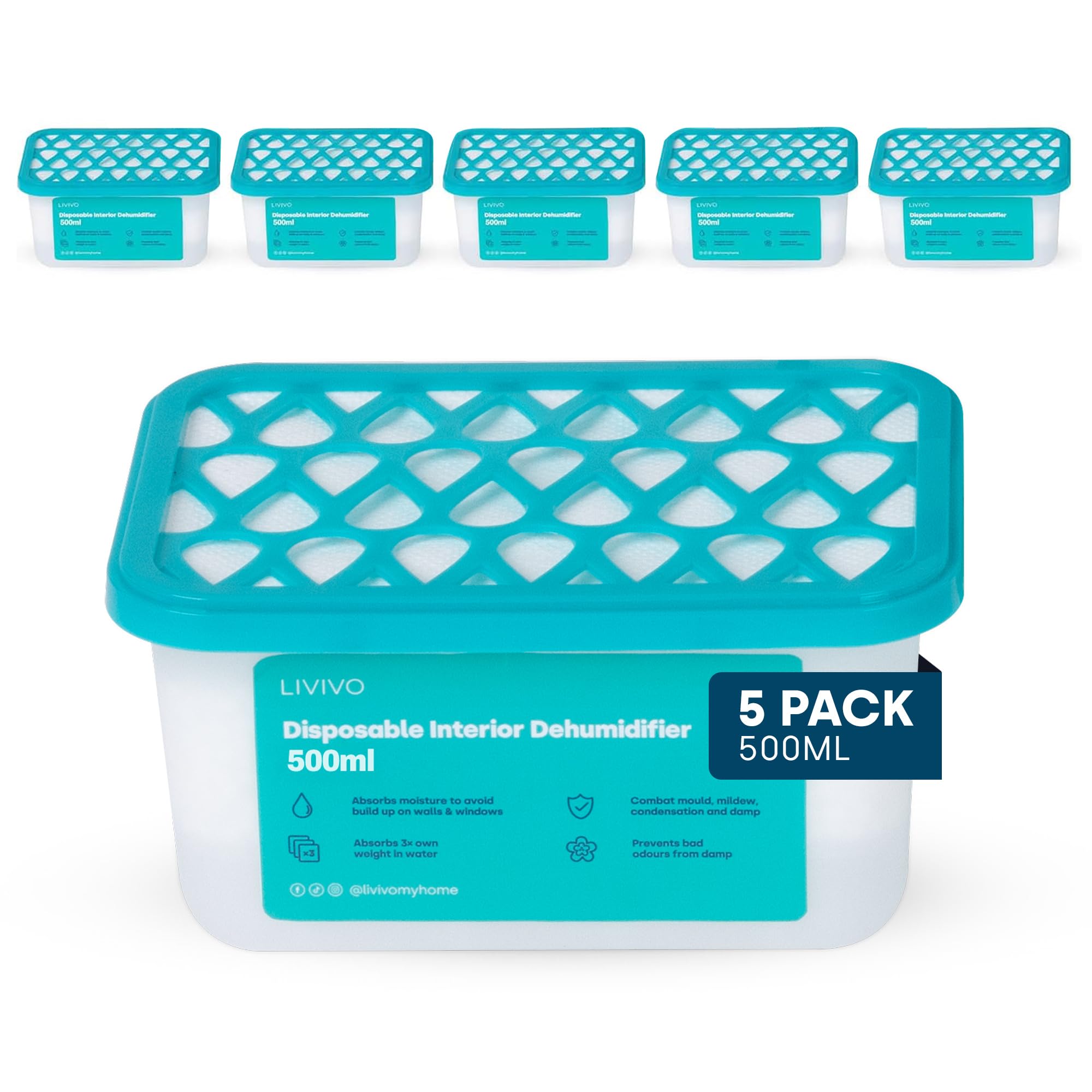 LIVIVO 500ml Disposable Dehumidifiers - 5 Pack Moisture Absorber & Damp Trap for Damp, Mould and Condensation - Ideal for Home, Kitchen, Wardrobe, Caravan, Garage and Bathroom