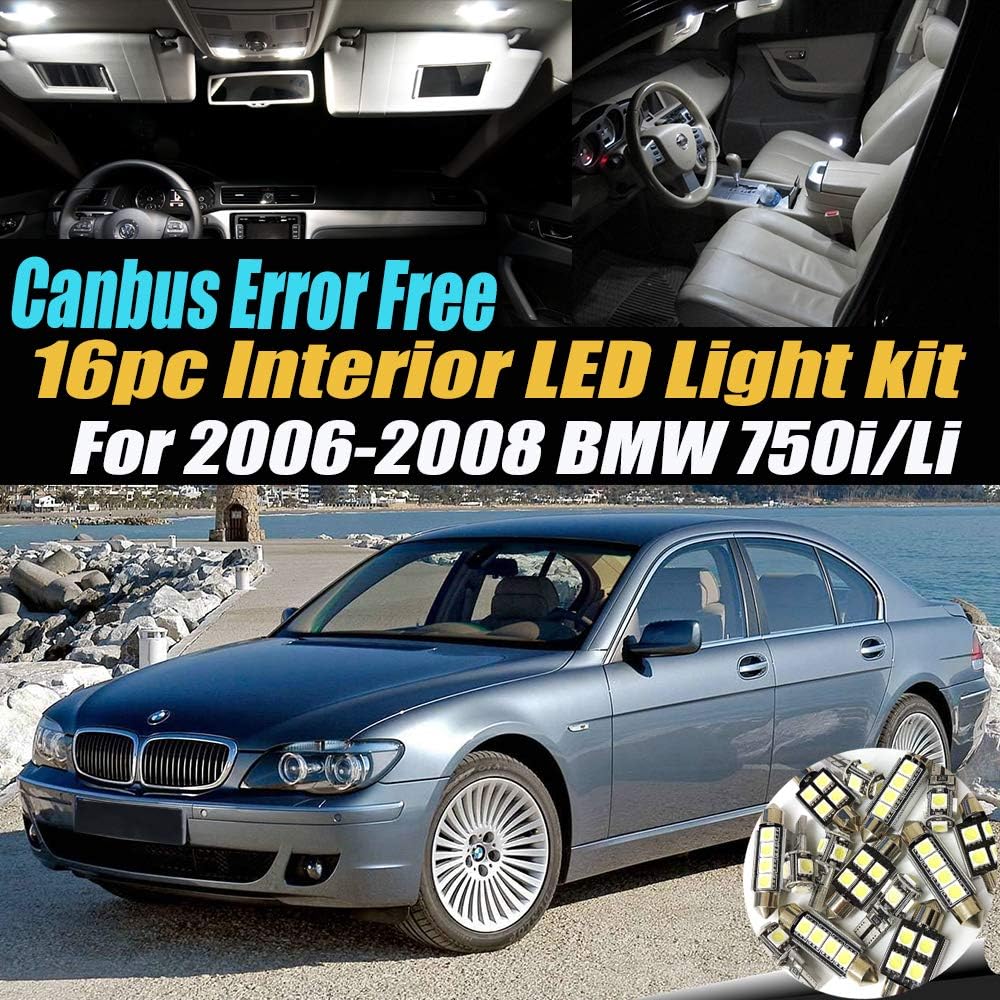 16Pc Canbus Error Free Super White 6000K Car Interior LED Light Kit Compatible with 2006-2008 BMW 750i/750Li Equipped w/Advanced Computer system