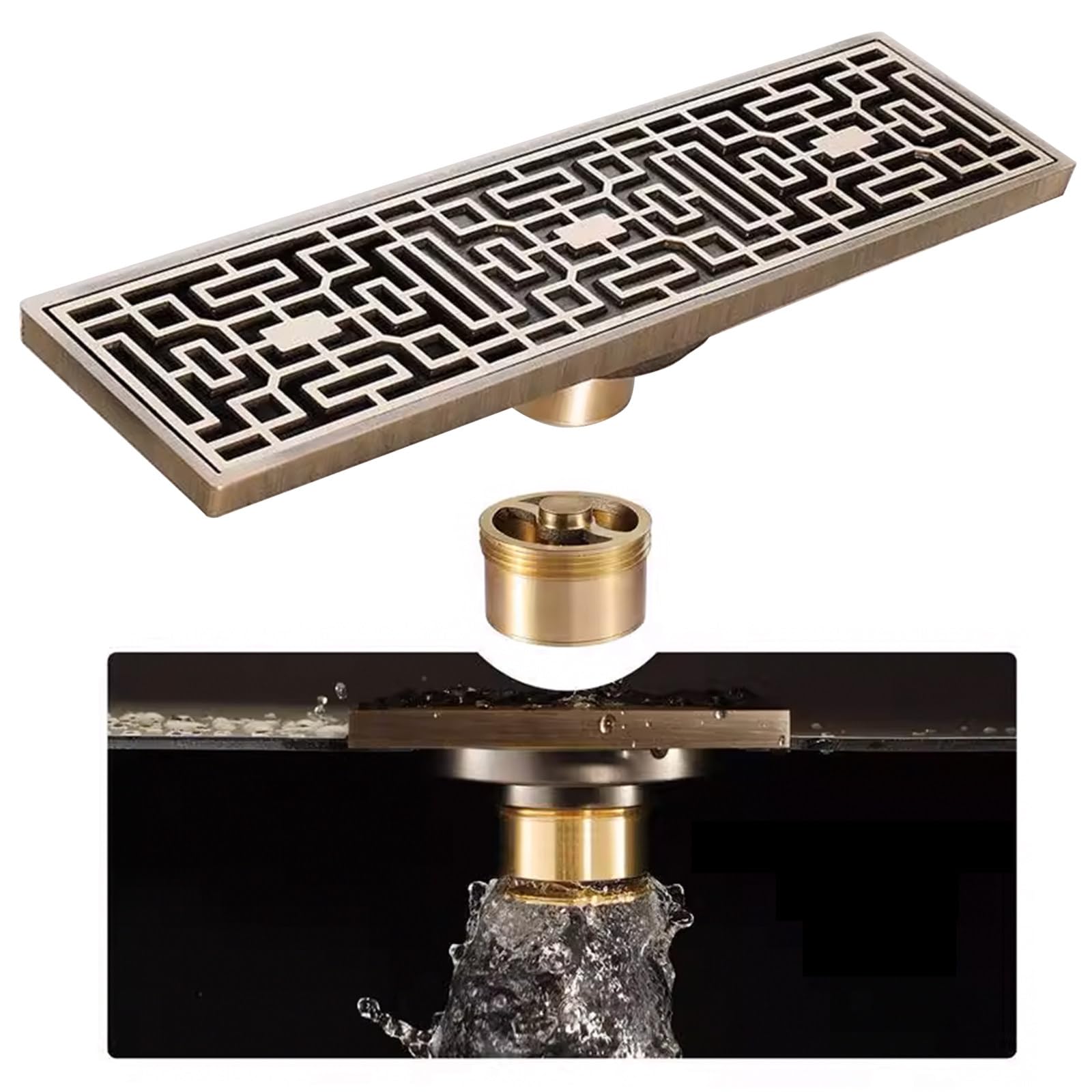 Billg Canaleta de Ducha de Sifón de Latón, Línea Corta Desagüe Ducha 30 cm, Canaleta Ducha con Dispositivo Desodorante y Filtro de Pelo, Canaleta de Desagüe para Inodoro, Baño, Cocina, Balcón