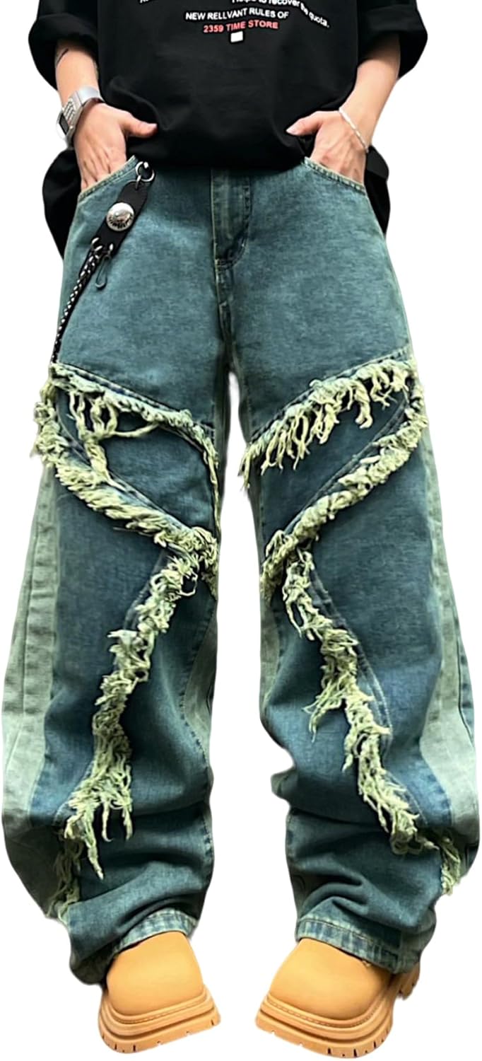 Mens Baggy Jeans Street Rock Style Fringe Frayed Edges Jeans Patchwork Wide Leg Skater Denim Pant D10 Blue X-Small