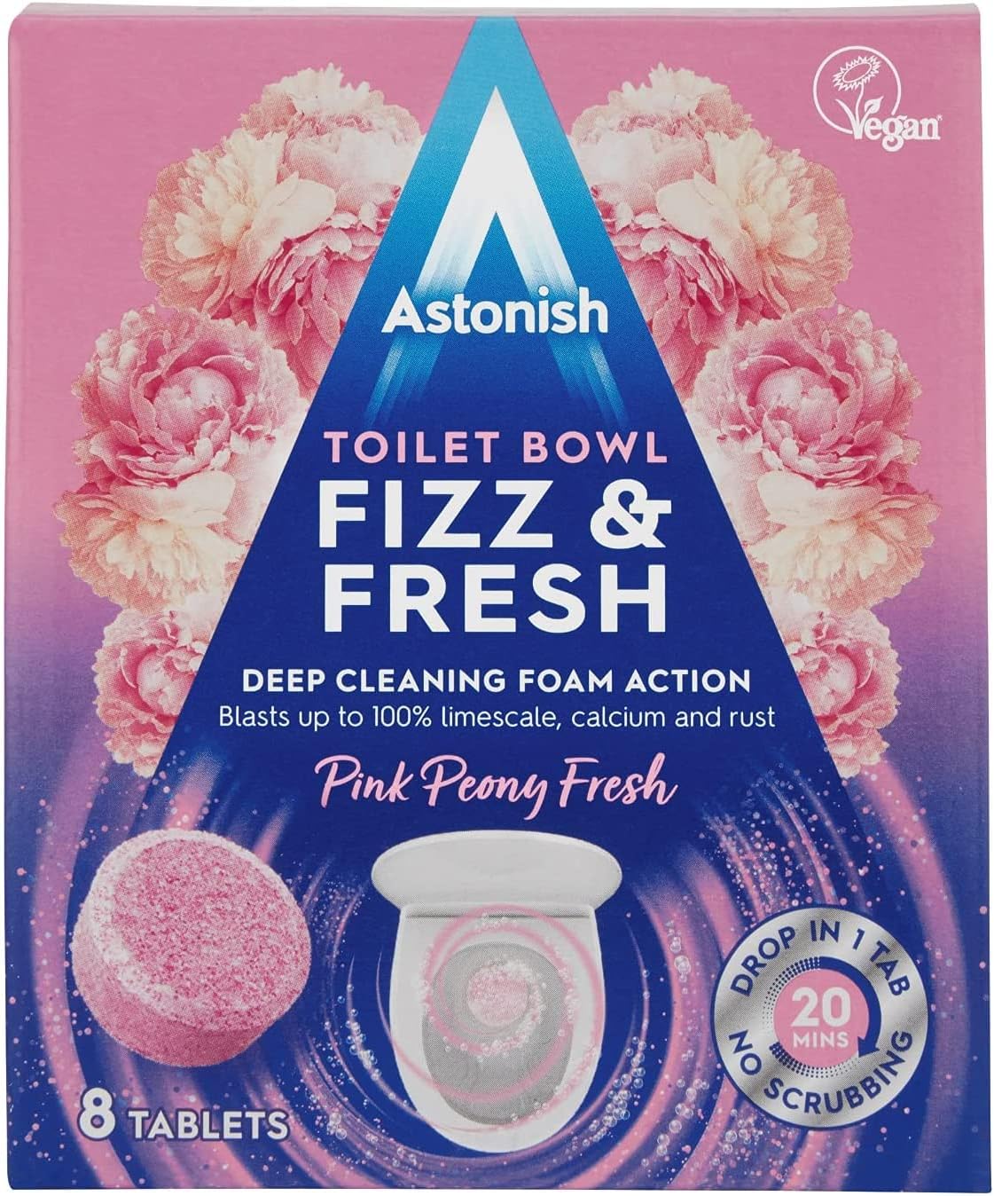 Astonish Foaming Pink Peony Fizz & Fresh Bathroom Toilet Bowl Cleaner - Deep Cleaning Limescale, Calcium & Rust Stain Remover - No Spray Bottle Needed, Removes Hard to Reach Stains, Box of 8 Tablets