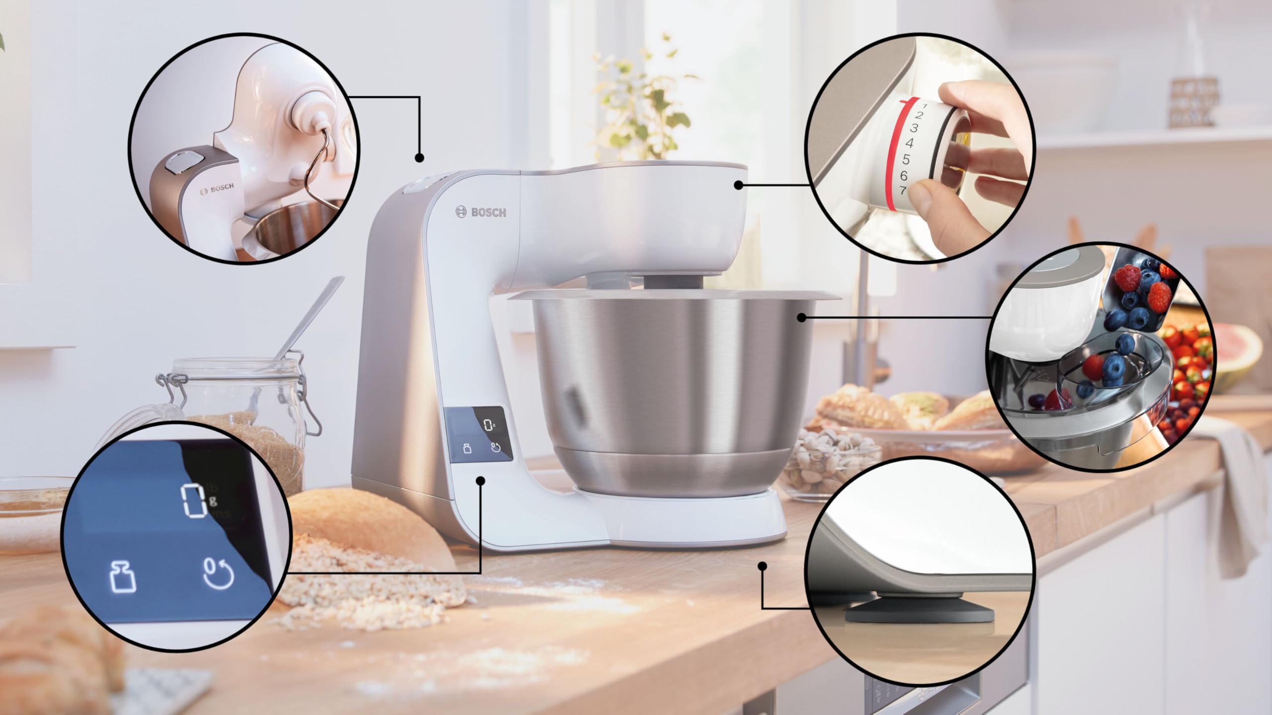 Bosch Serie 4 Planetaria MUM5XW20, 1000W, Ciotola in Acciaio Inox da 3,9 L, 7 Livelli di Velocità, Timer Integrato, Fruste, Gancio, Frullatore e Dischi Vari Inclusi, Lavabili in Lavastoviglie, Bianco