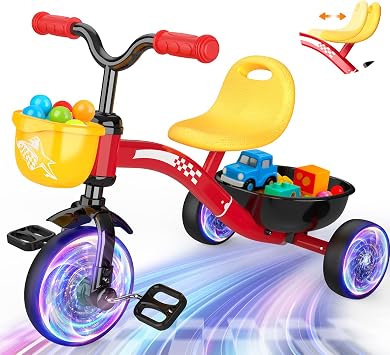 Kkdi Toddler Tricycle for 1-3 3-5 Year Olds, 2 3 4 5 Year Old Boys Girls Birthday Gifts, Toddler Baby Bike, Outdoor Toys for Ages 2-4, 4-Level Adjustable Seat, 3 Colorful Lighting Wheels, 2 Baskets