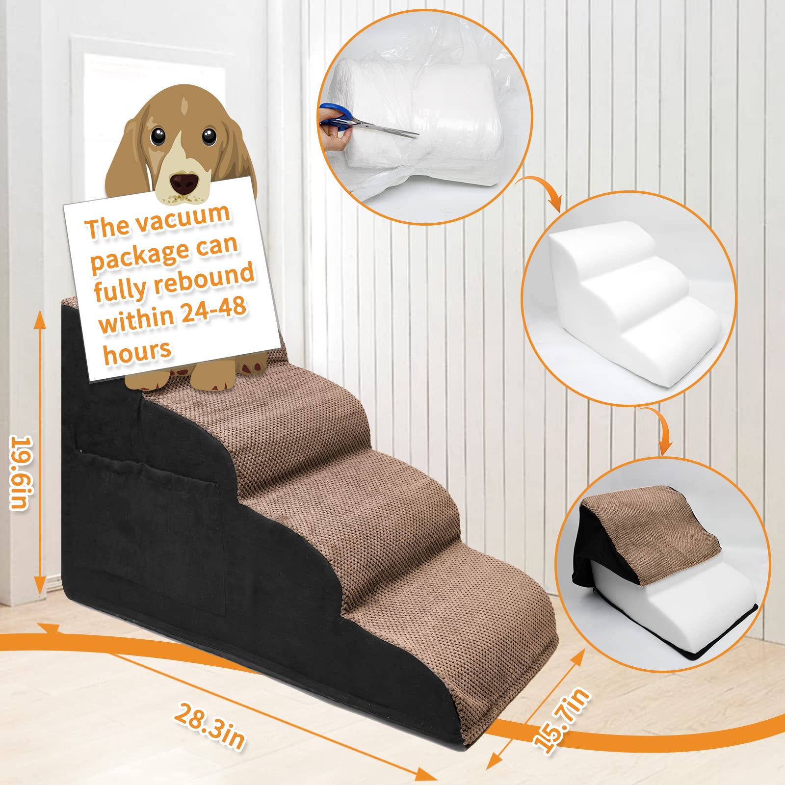 LOOBANI Dog Steps, Four Steps Dog Stairs Non-Slip, Pet Stairs for High Bed with Small Storage Space, Dog Ramp for Puppies, Older, and Injured Pets, Ramp Stairs for Couch, High Bed Climbing