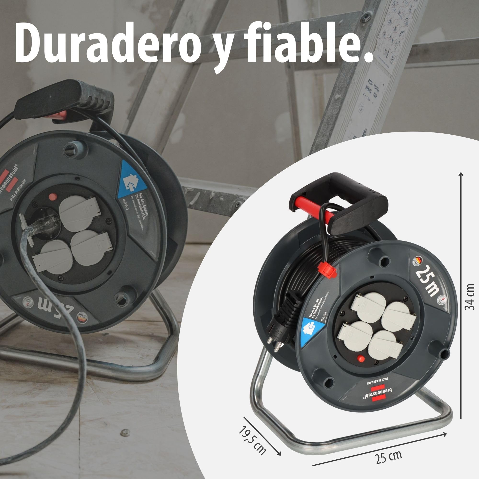 Brennenstuhl Garant V2 Enrollacables 25m cable (Fabricado en Alemania, 4 enchufes con conexión a tierra, protección contra sobrecalentamiento, cuerpo del tambor de plástico especial)