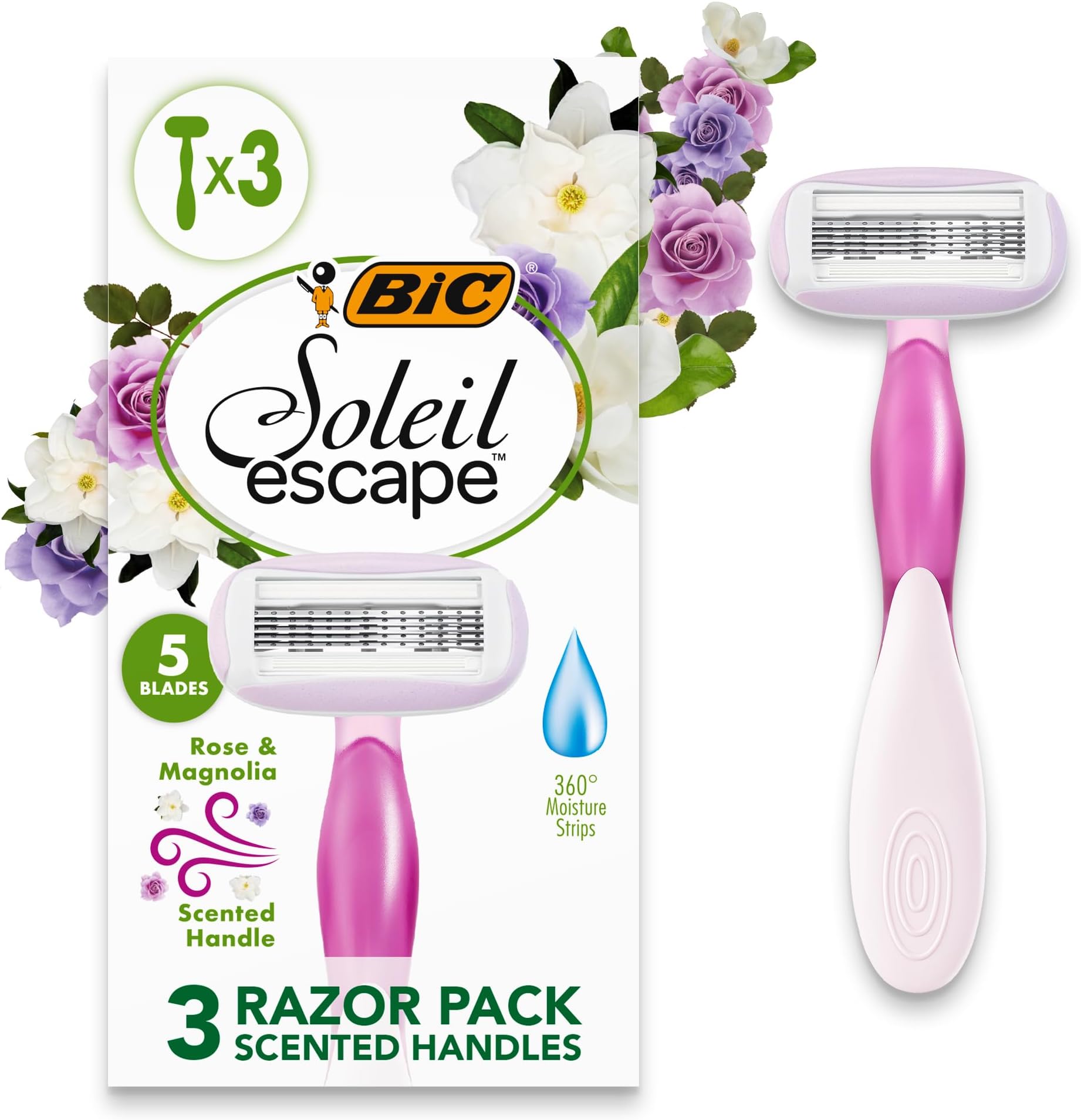 – Soleil Escape 5 Blade Womens Disposable Razor Pack of 3 with Rose and Magnolia Scented Moisturizing Strip