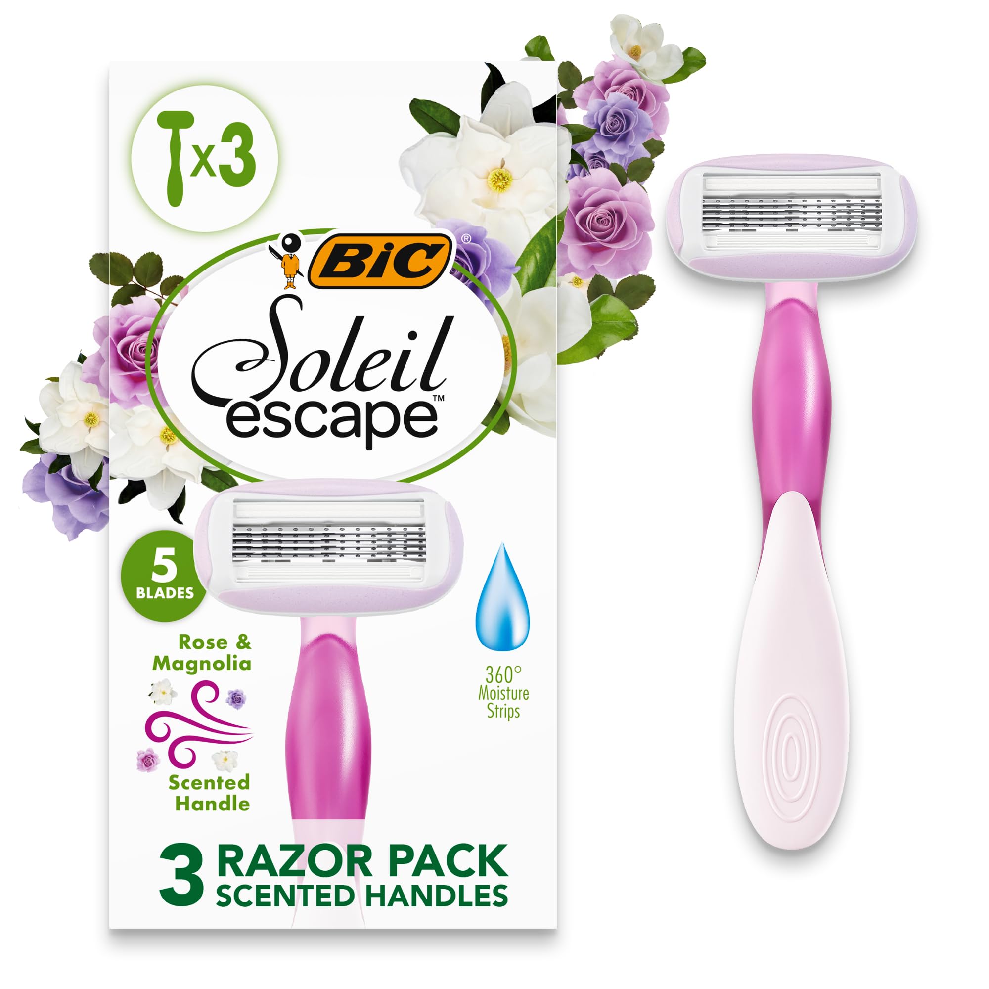 BIC Soleil Escape 5 Blade Womens Disposable Razor Pack of 3 with Rose and Magnolia Scented Moisturizing Strip