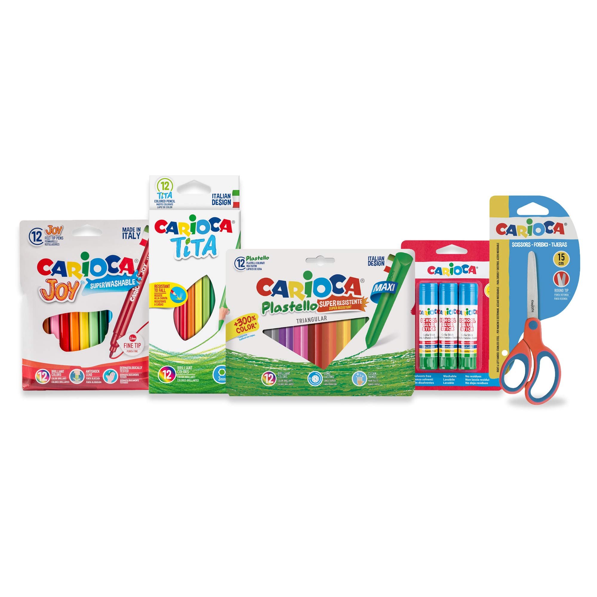 Carioca Set Todo para EL Cole | Kit Material Escolar: Rotuladores Super Lavables, Lápices de Colores, Plasticeras, Pegamento y Tijeras con Punta Redonda | 40 piezas