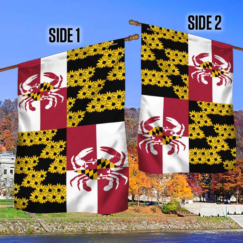 FLAGWIX Maryland State Crab & Black-eyed Susan Flower Flag, House Flag (29.5" x 39.5"), USA Flags, Patriotic, Red, White, Blue, Black, Yellow, Polyester, Double Sided, UV Fade Resistant