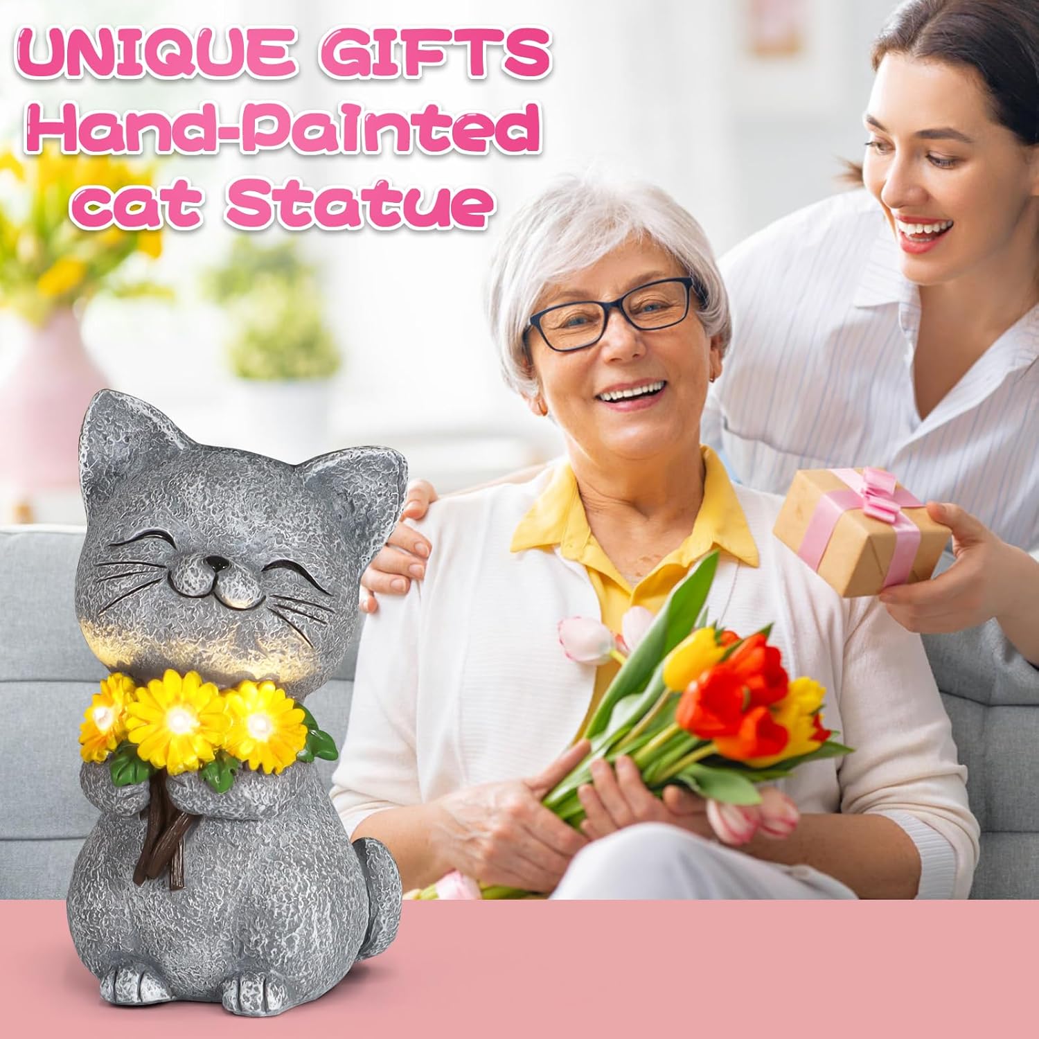 Solar Garden Statues Cat with Daisy and LED Lights Birthday Gifts for Women Mom Grandma Solar Outdoor Cat Decor for Outside,Outdoor Solar Lights for Yard, Garden and Patio, Unique Gift for Women