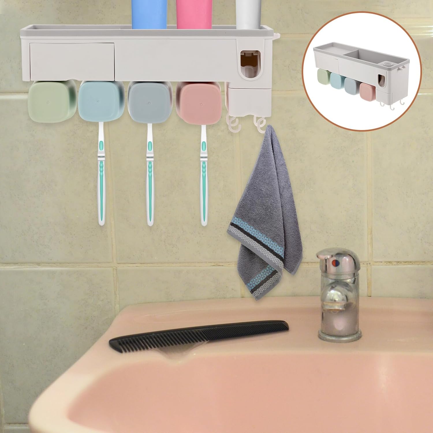Automatic Toothpaste Squeezer and Wall-Mounted Toothbrush Holder with Toothbrush Slots and Razor Organizer Rack for Bathroom and Home Storage