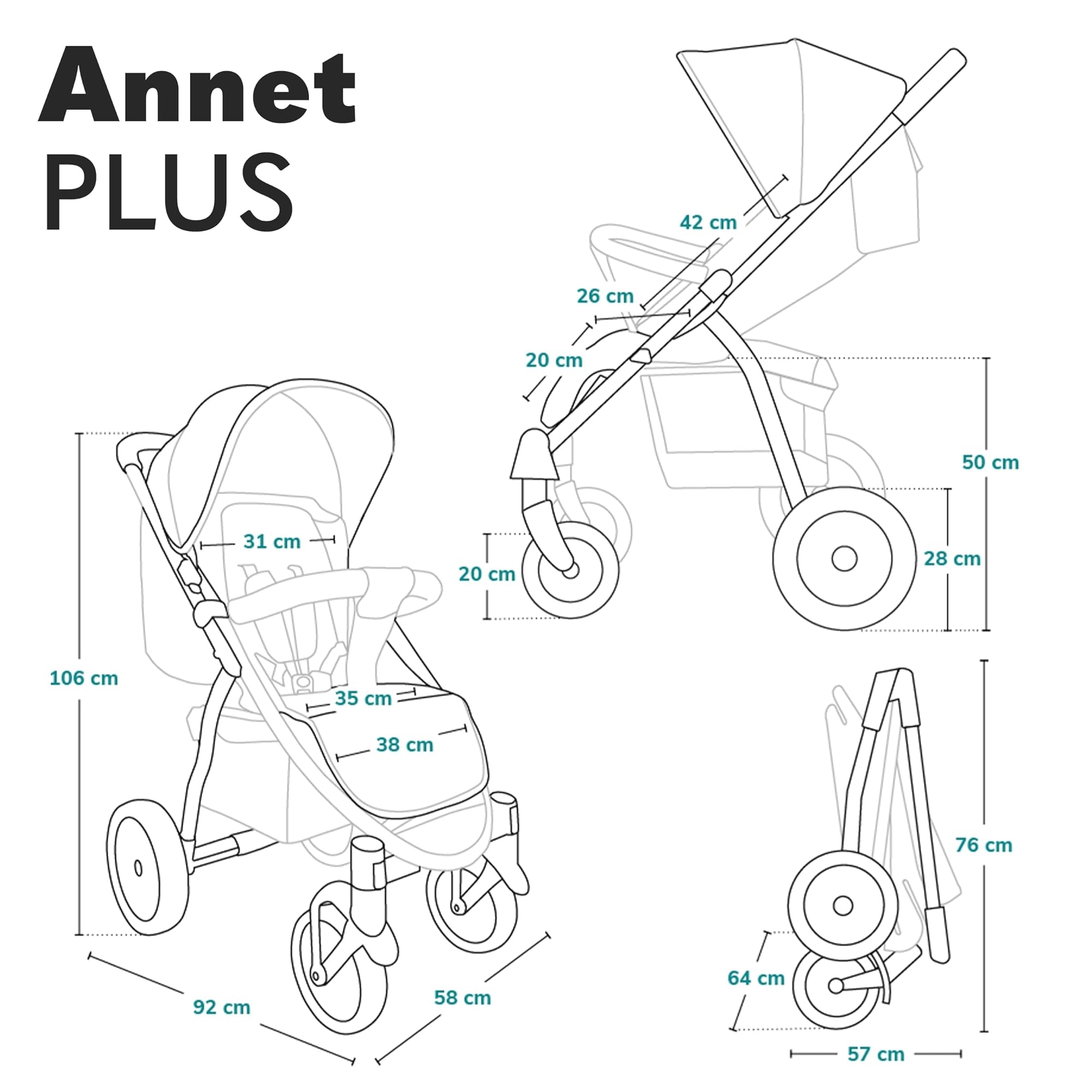 LIONELO Annet Plus Poussette de naissance jusqu'à 22 kg Poussette légère et pliable avec dossier inclinable en position couchée Roues en mousse EVA Moustiquaire Couverture Porte-gobelet Panier XXL