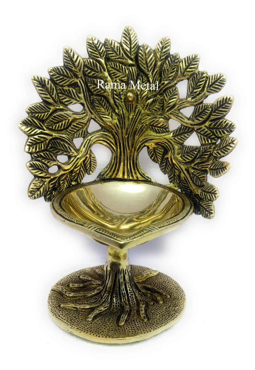RAMA METAL Brass - Antique Finished Gold POLISHING KALPAVIRUKSHA Tree with DEEPAM