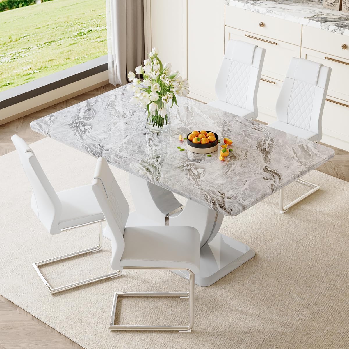 JUFU Modern Dining Table Set for 4,Grey Faux Marble Kuwait Ubuy