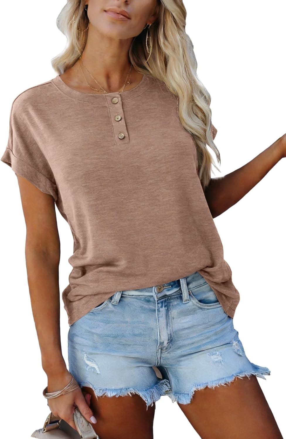 Women's Casual Short Sleeve T-Shirts Summer Basic Crew Neck Loose Fit Henley Shirts