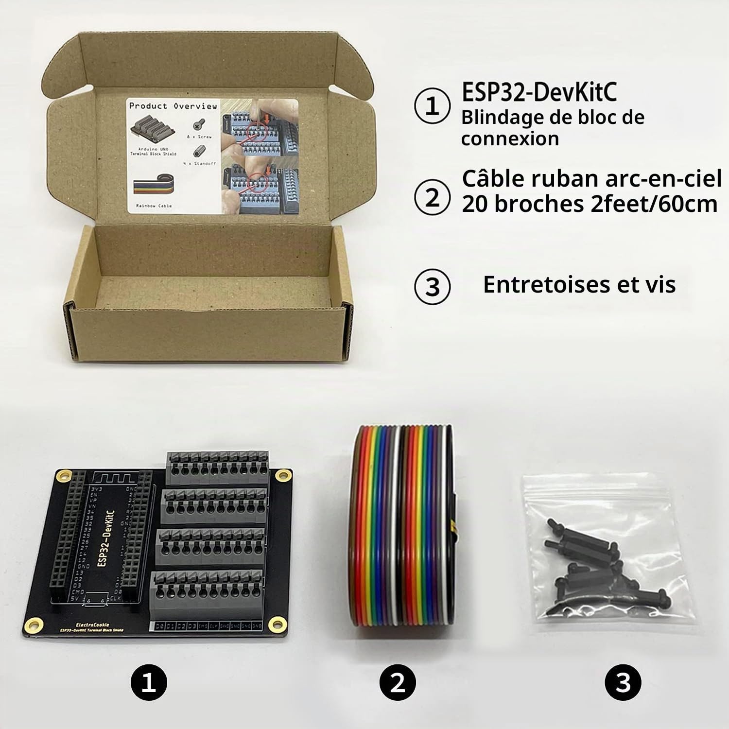 ElectroCookie ESP32 Kit de bouclier de bornier, compatible avec ESP32-DevKitC, module d'extension PCB à ressort simple