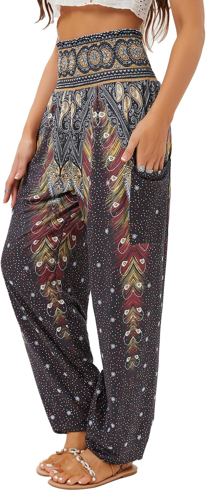 QIANXIZHAN Women's Harem Pants, High Waist Yoga Boho Trousers with Pockets, Black Flower, Large