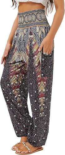 QIANXIZHAN - Pantalones harén para mujer, pantalones bohemios de yoga con cintura alta y bolsillos