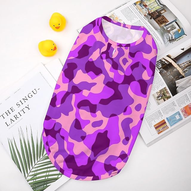 Foto 3 de 8 de Camisas para Perros Ropa Estampada para Mascotas con patrón de Camuflaje Rosa y Morado Camisetas…