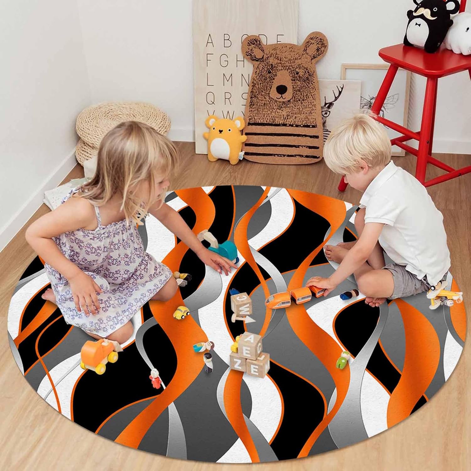 4ft Soft Round Area Rugs Classic Geometric Art Indoor Carpet for Living Room Bedroom Nursery Washable Circle Floor Mats Abstract Orange Black White Gray Lines Decor