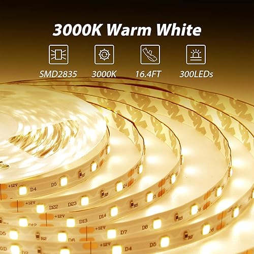 Miniatura 3 de dalattin Tira de luces LED de color blanco cálido, tira de luz blanca suave ajustable de 3000 K de 16.4 pies, 300 LED brillantes, luces LED blancas