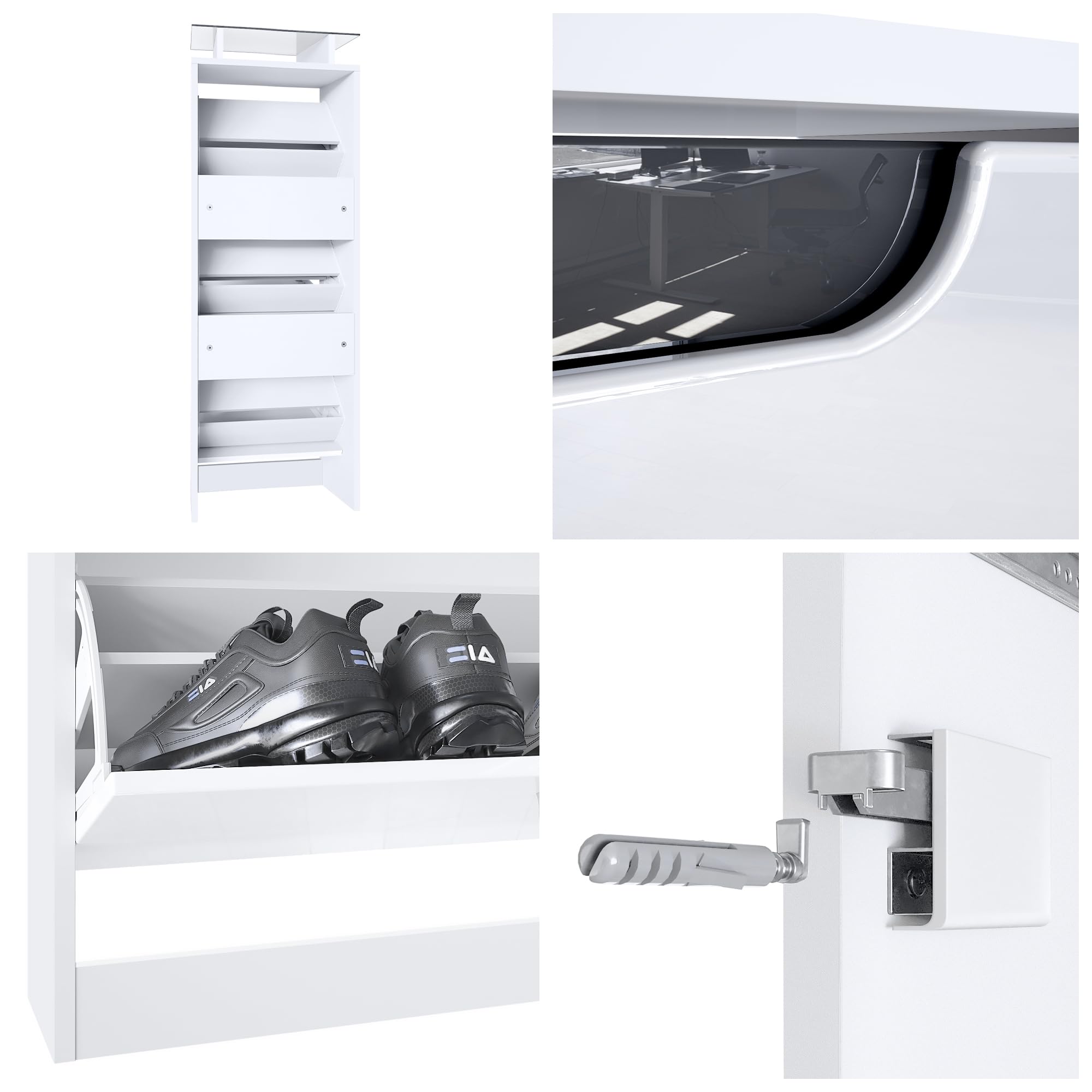 Vladon Schuhschrank Space V2, Schuhkipper für 12 Paar Schuhe mit 3 Klappen und Glasablage, Weiß matt/Schwarz Hochglanz (46 x 128 x 23 cm)